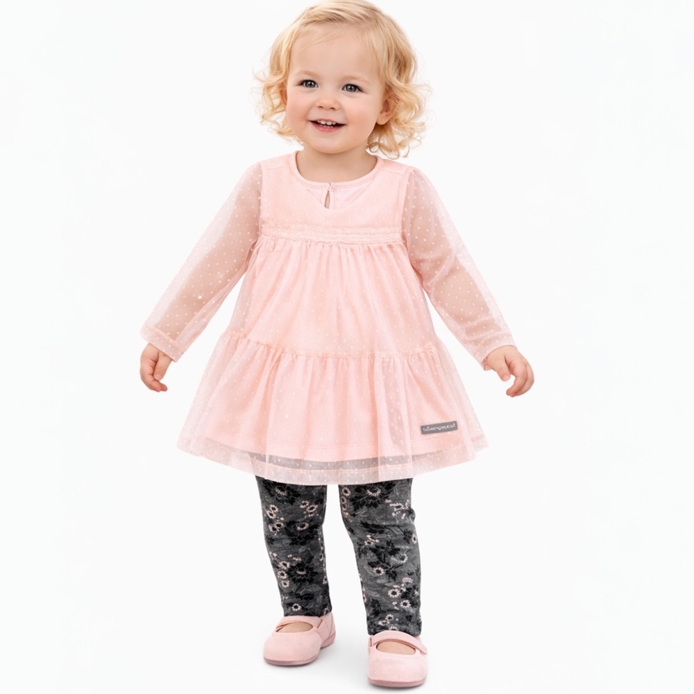 Calvin Klein Jeans Toddler Girl 18M Pink Swiss Dot Tulle Top,Floral Leggings Set - Picture 2 of 9